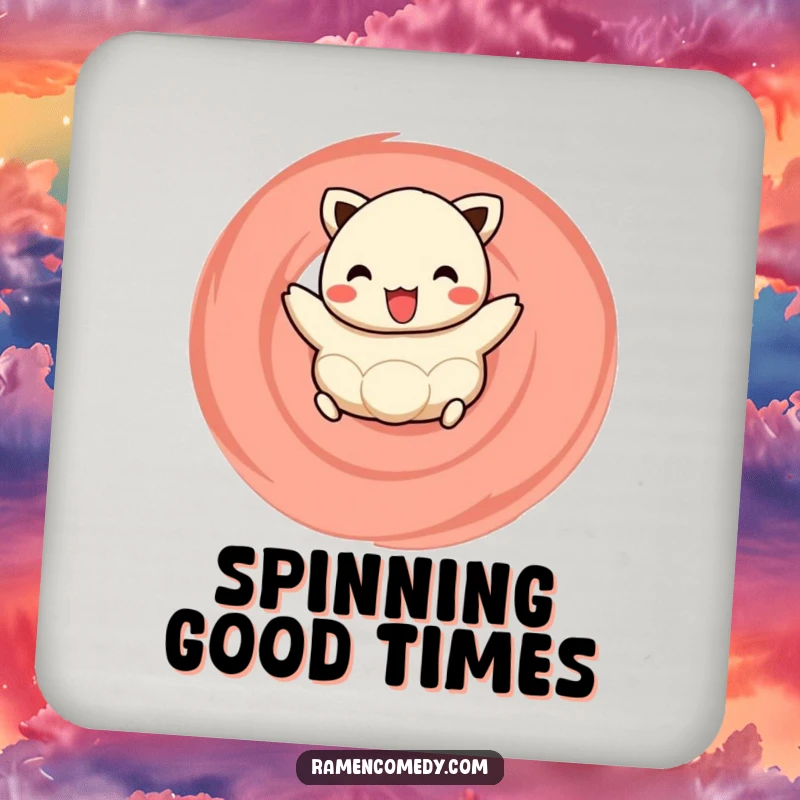 Funny drink coaster featuring a happy dumpling joyfully hopping on a naruto swirl, adding a touch of culinary cheer.