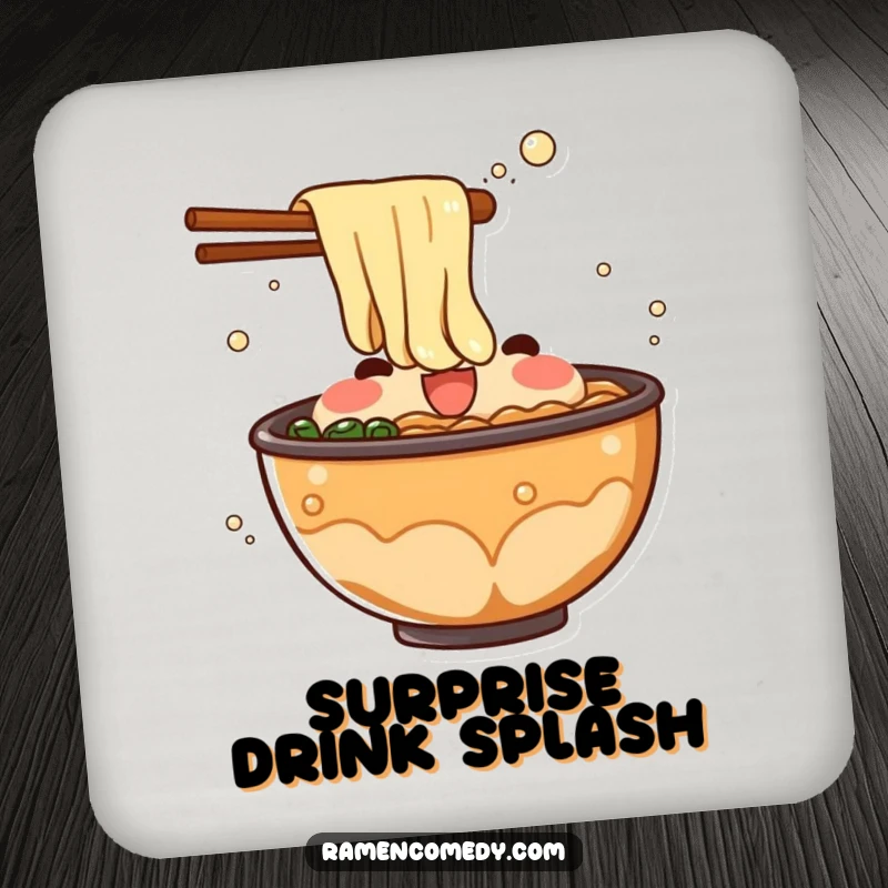Funny ramen broth coaster depicting a bubbling character splashing, adding a surprising and humorous element to any beverage setting.