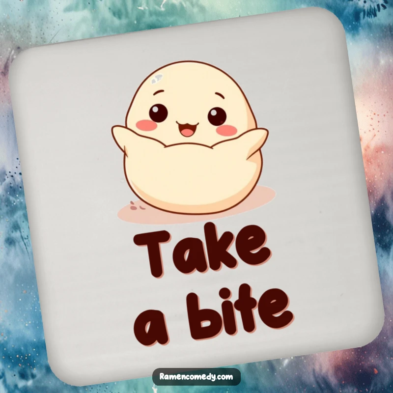 Funny cheerful dumpling rolling towards the viewer, cute cartoon food drink coaster.