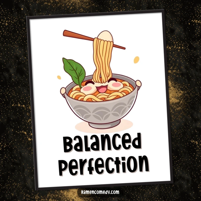 Funny ramen poster art of a smiling noodle bowl character comically juggling chopsticks and an egg, adding humor to decor.