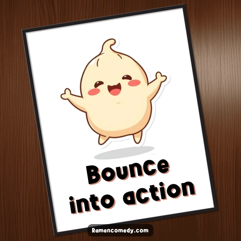 Funny cheerful dumpling character joyfully bouncing, vibrant poster. Hilarious wall art and funny gift.