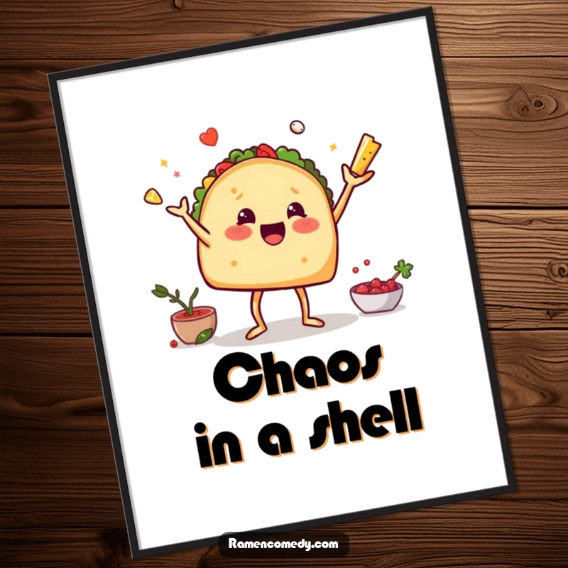 Funny poster of a taco with legs excitedly juggling lettuce, cheese, and salsa, a vibrant piece of humorous food art.