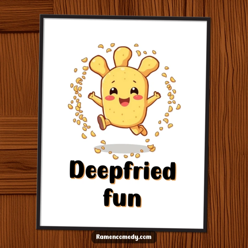 Funny tempura poster art of a cheerful tempura character leaping through a sesame seed ring, adding vibrant humor to decor.