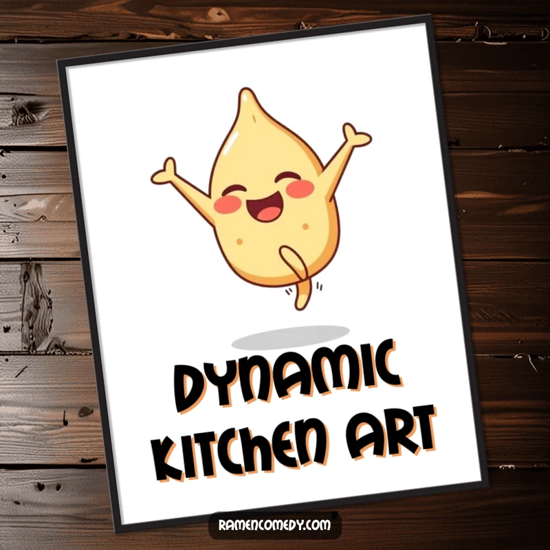 Funny poster showcasing a smiling gyoza character performing a cartwheel with pure, funny glee. Perfect wall art.