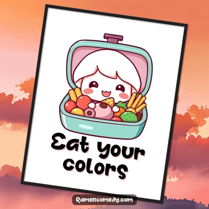 Funny bento box poster featuring a smiling character opening a bento box to reveal a colorful and appetizing meal, celebrating food art.