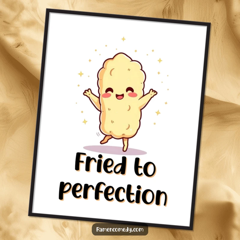 Funny dancing tempura character showering tiny sparks, vibrant poster. Hilarious wall art and funny gift.