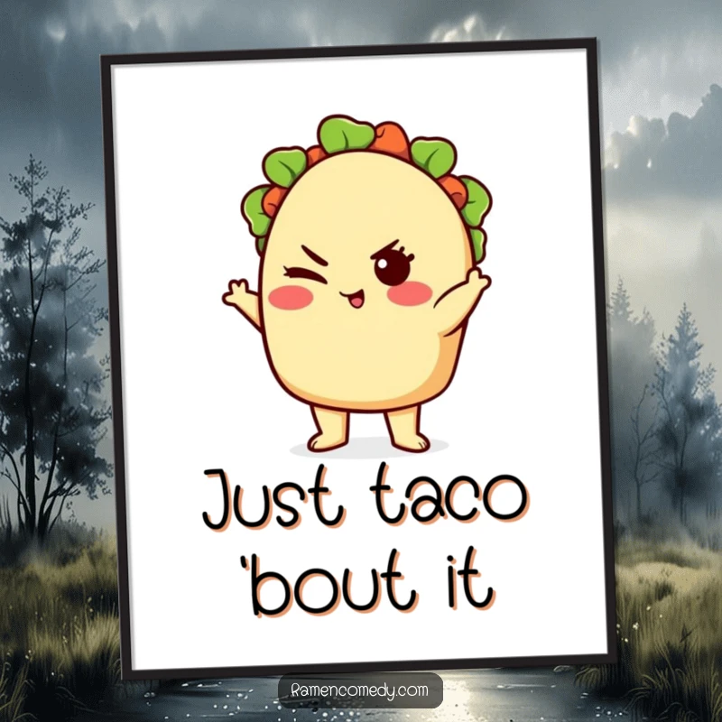 Funny cute taco character posing confidently with a wink, bold and fun food art poster.