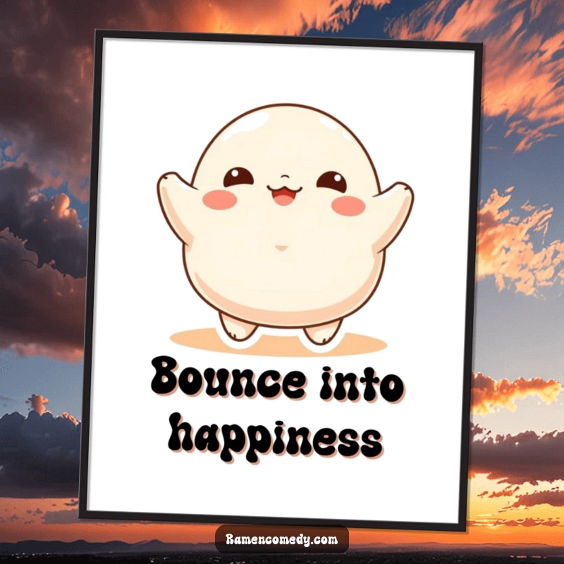 Funny Poster showcasing a round, ecstatic dumpling character joyfully bouncing, perfect for adding a cheerful splash of food-themed art.