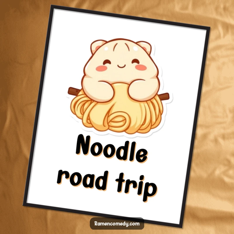 Funny dumpling poster showcasing a smiling dumpling with rosy cheeks having a fantastic time sliding down a long noodle, pure joy.