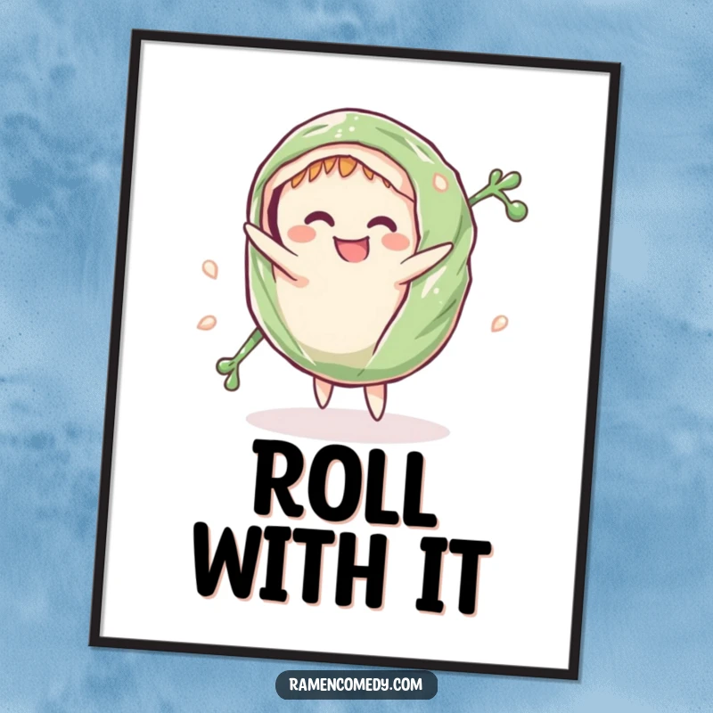 Funny Poster: A grinning seaweed wrap comically does a cartwheel, creating a whimsical and humorous kitchen decoration.