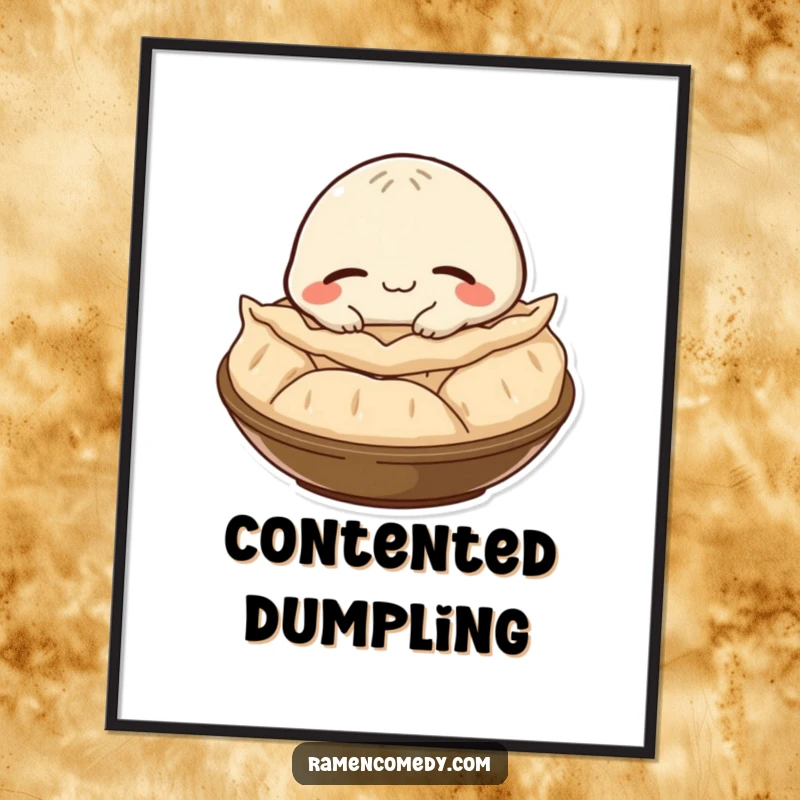 Funny happy gyoza character with a satisfied smile, napping on a steaming pile, presented as a peaceful poster print.