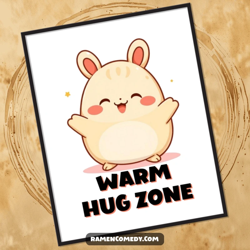 Funny happy bao bun poster, a charming illustration of a character offering a warm embrace, perfect for cozy wall decor.