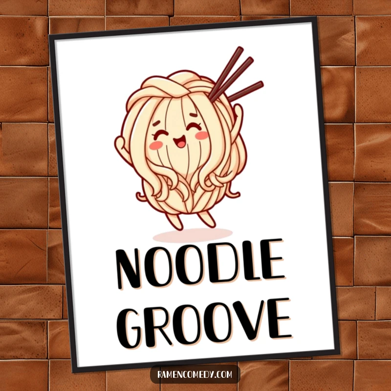 Funny Poster: Vibrant art of a happy udon noodle character with a friendly face dancing with chopsticks.