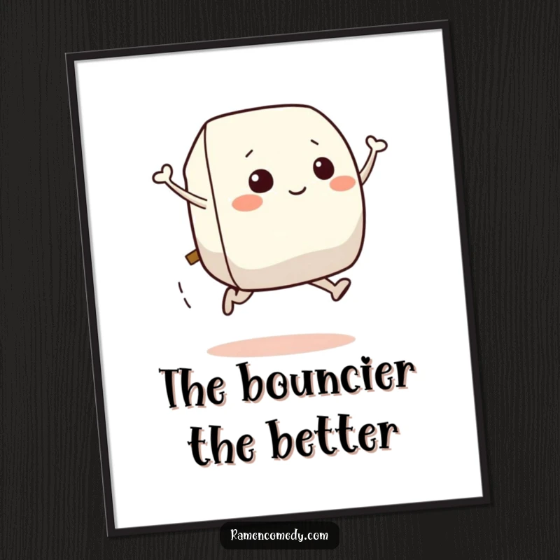 Funny poster print of a happy onigiri character leaping with joy, a vibrant food-themed artwork.