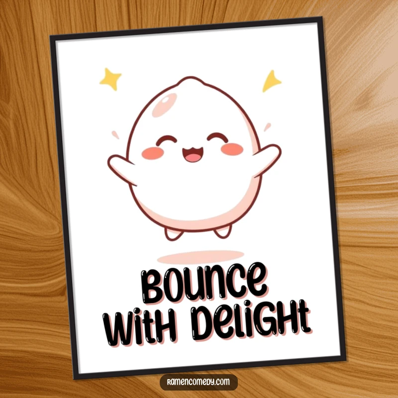 Funny mochi bounce poster depicting a cute mochi character joyfully bouncing with infectious happiness, bringing cheerful vibes to any room.