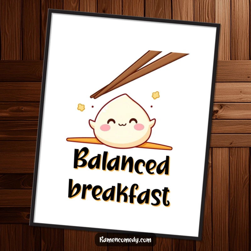 Funny Mochi Poster depicting a smiling mochi character joyfully bouncing between two colossal chopsticks, adding a whimsical touch.