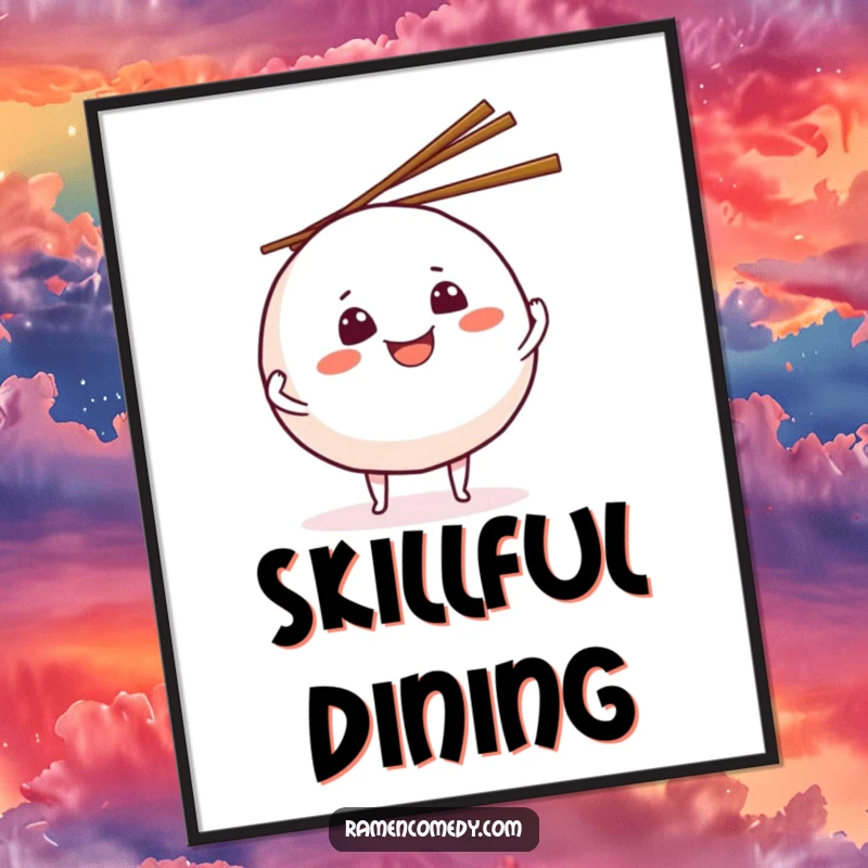 Funny grinning onigiri poster, a whimsical food character juggling chopsticks, bringing playful energy to wall decor.