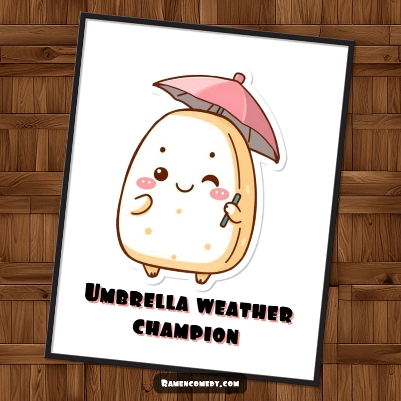 Funny onigiri poster artwork of a smiling rice ball character holding a small umbrella, ideal for home or office decor.