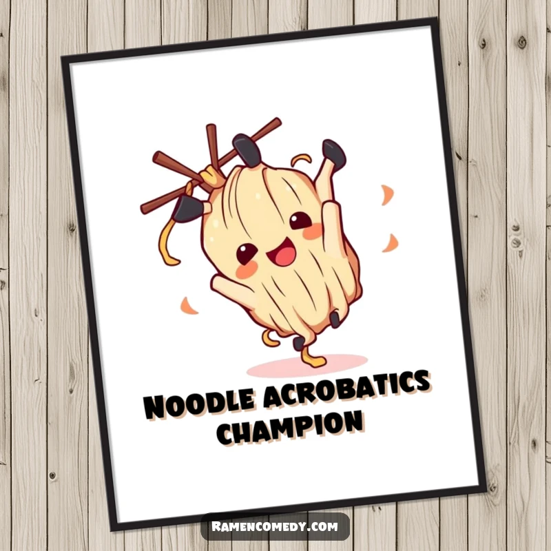 Funny ramen noodle character in mid-air somersault on a decorative poster, capturing pure, unadulterated joy.