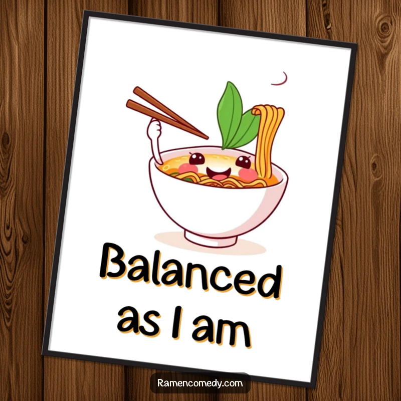 Funny poster art of a happy ramen bowl skillfully juggling many chopsticks, creating a mesmerizing and humorous display.