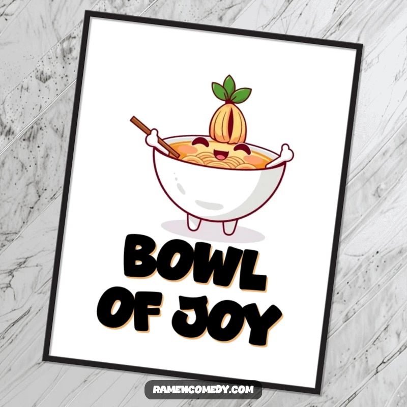 Funny poster print of a cheerful ramen bowl character waving with chopsticks as arms, bringing a warm greeting.