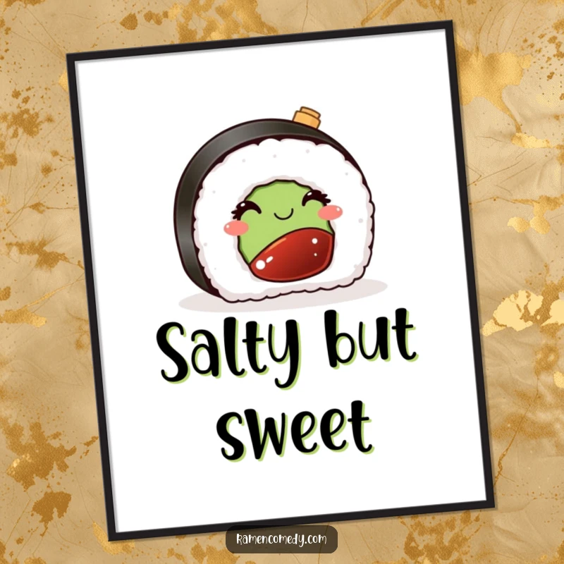 Funny poster print of a sushi piece winking playfully next to a miniature soy sauce bottle, perfect for adding a touch of culinary fun.