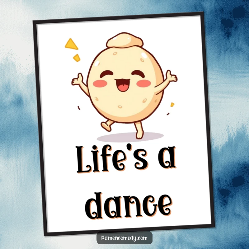 Funny Poster featuring an excited takoyaki ball character performing a vibrant dance, perfect for adding lively street food art.
