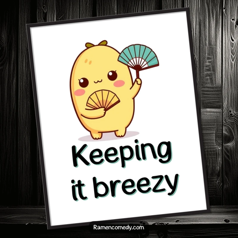 Funny tamagoyaki character holding a miniature fan on a poster, adding a touch of elegant cuteness.