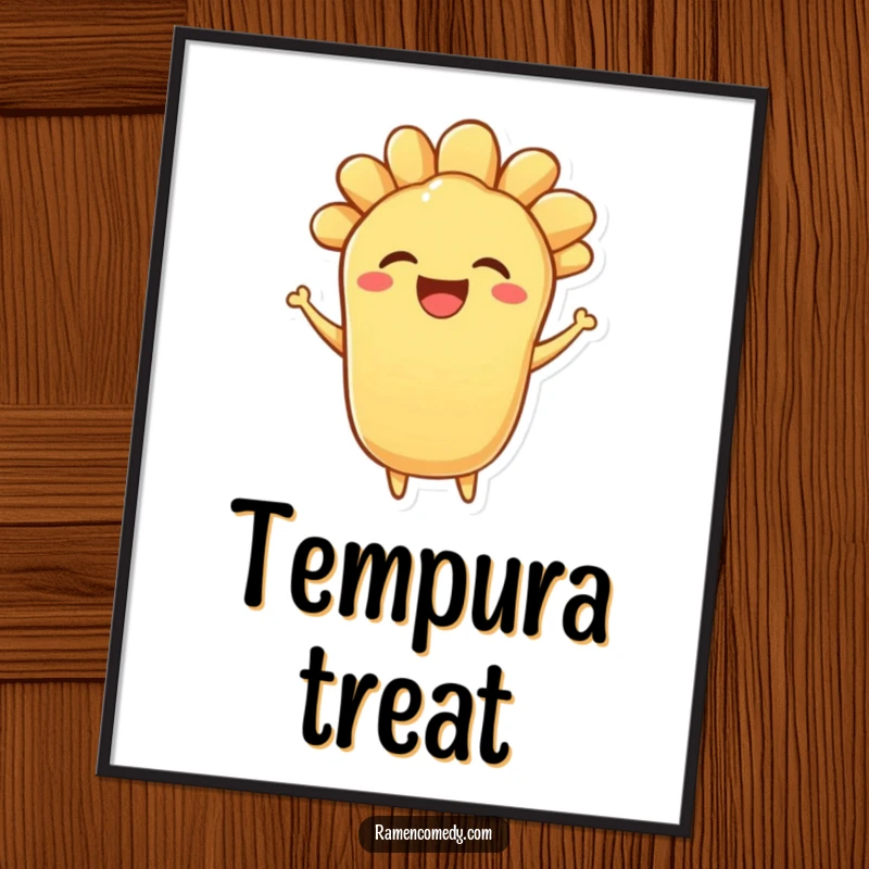 Funny poster print of a bouncing piece of tempura character with a delighted expression, bringing crispy joy.