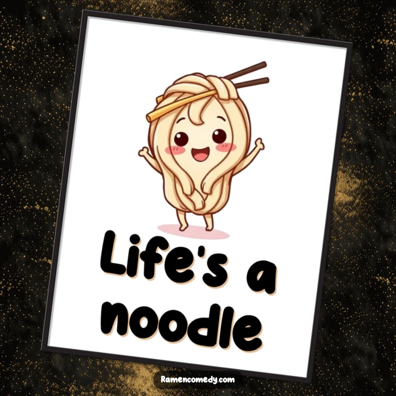 Funny Udon Noodle Poster: A happy udon noodle character dances with chopsticks, bringing cheerful food-themed art to your walls.