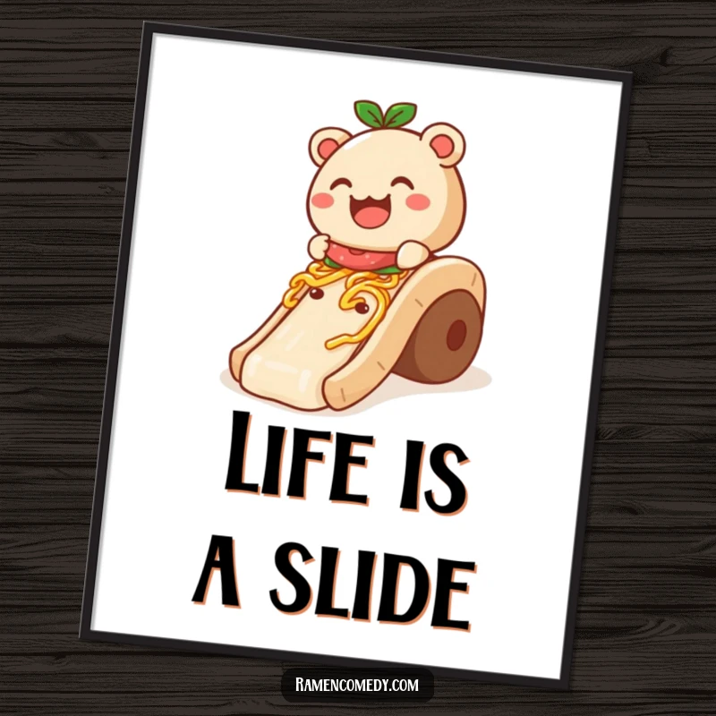 Funny Poster: A smiling bao bun comically slides down a noodle slide, creating a fun and humorous kitchen decoration.