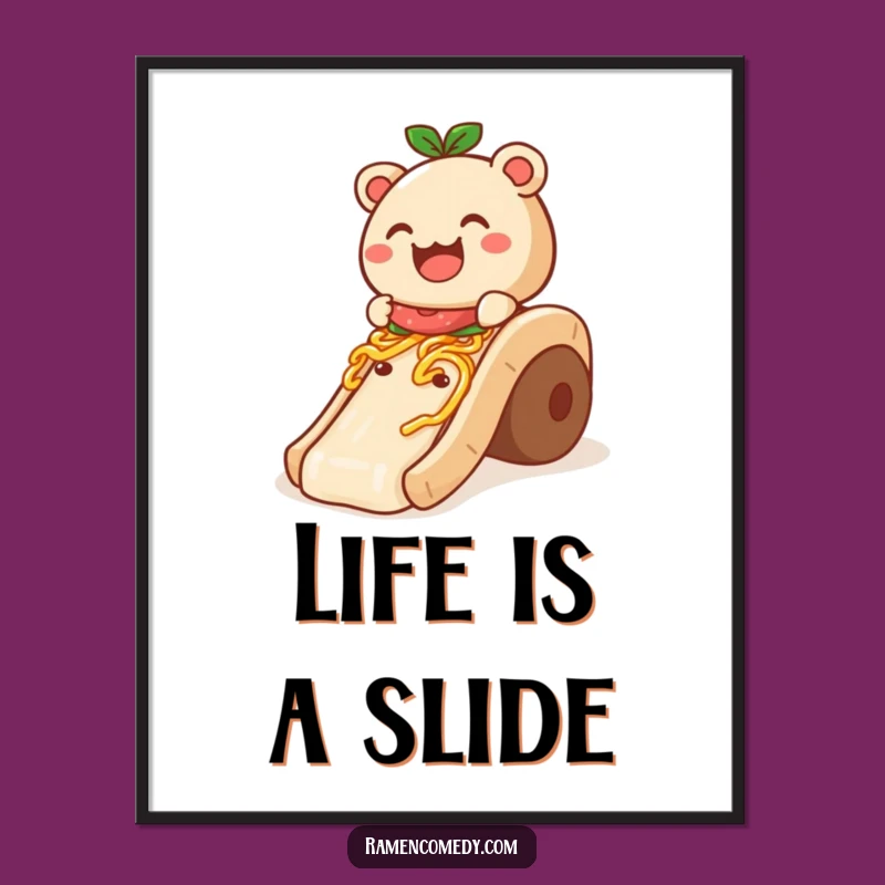 Funny Food Art Poster: Bao Bun Noodle Slide, Whimsical and Hilarious Funny Gift for Kitchen Decor