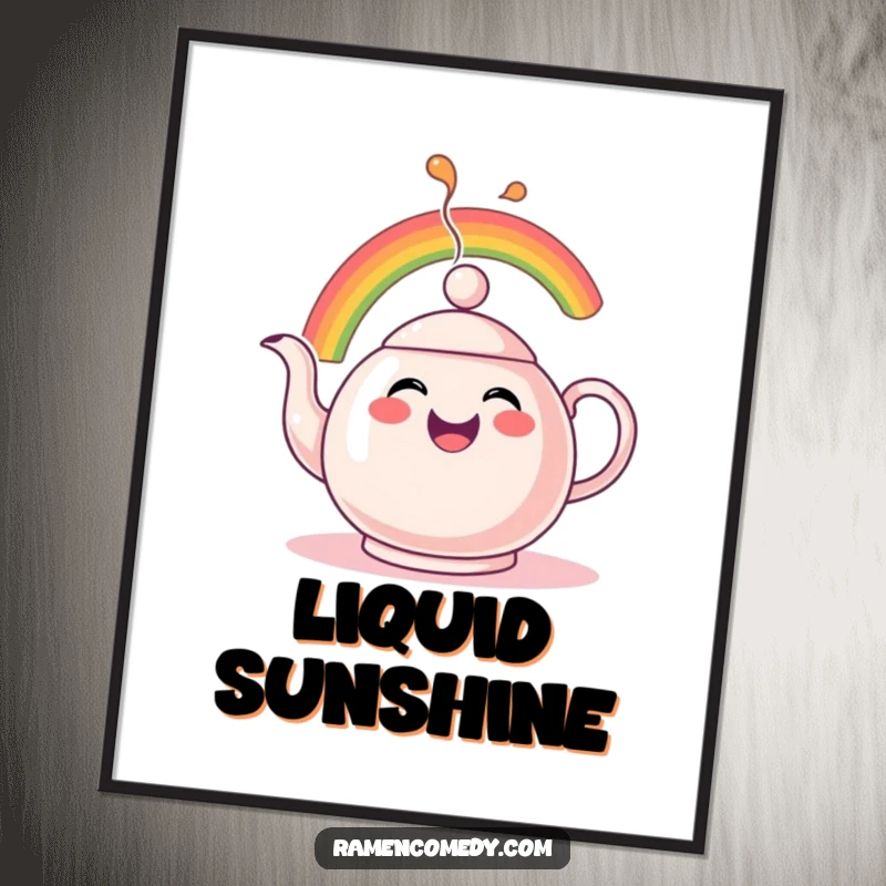 Funny Rainbow Spout Poster depicting a cheerful teapot character comically spouting a dazzling rainbow, adding whimsical charm.