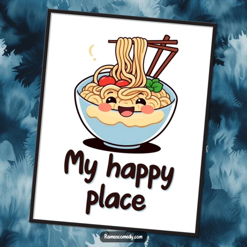 Funny poster artwork of a smiling, wiggling bowl of noodles, bringing cheerful and humorous culinary art to any room.