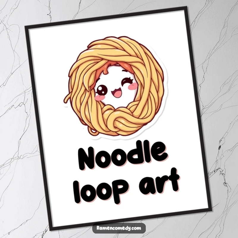 Funny poster print of a cheerful ramen noodle character forming a perfect loop, exuding joy and playful energy.