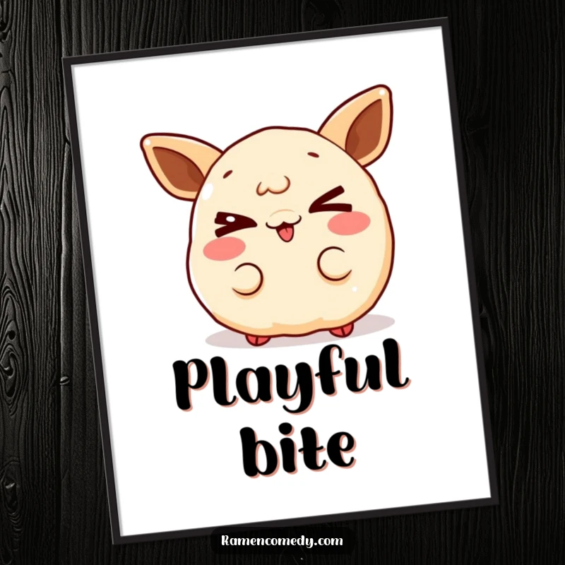 Funny gleeful gyoza poster, a charming character winking, bringing playful and mischievous energy to wall decor.