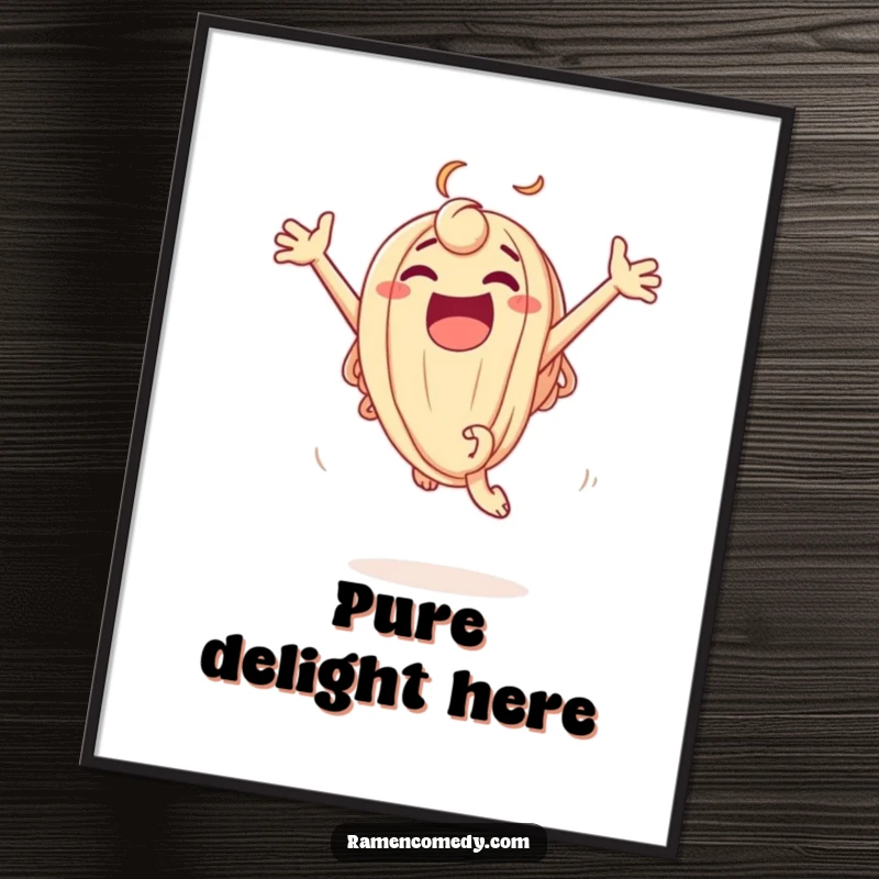 Funny Poster showcasing an excited udon noodle character in a dynamic leap, bringing joyful and humorous wall art to any space.