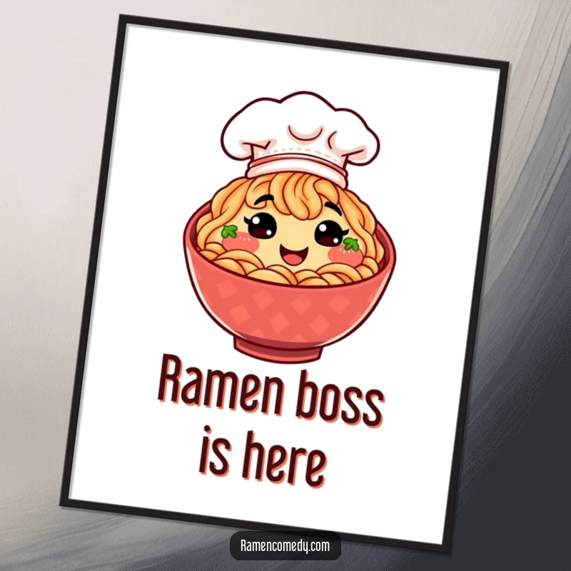 Funny smiling bowl of ramen with a tiny chef hat, a delicious and charming poster for any kitchen.