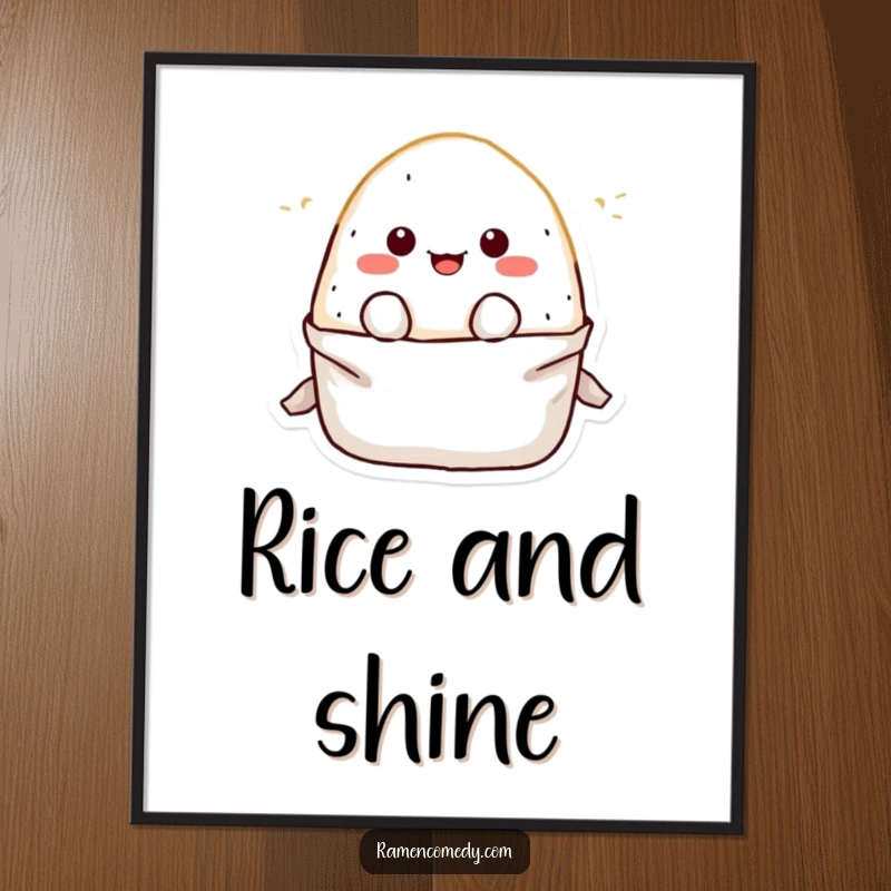 Funny Poster displaying a cute onigiri rice ball character joyfully popping out of its wrapper, adding a humorous artistic touch to any room.