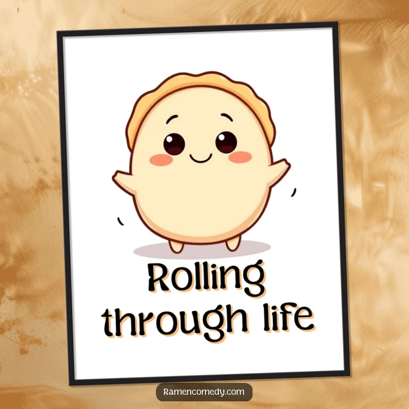 Funny gyoza poster showcasing a happy character rolling actively, adding a touch of playful charm to decor.