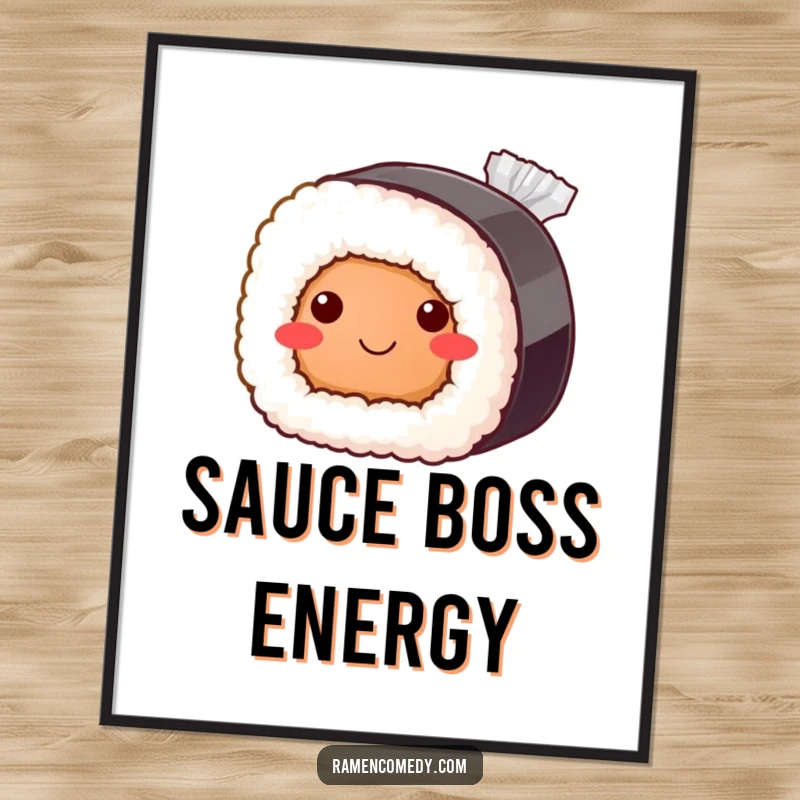 Funny sushi roll poster with bashful smile peeking from soy sauce packet, cute Japanese food art print.