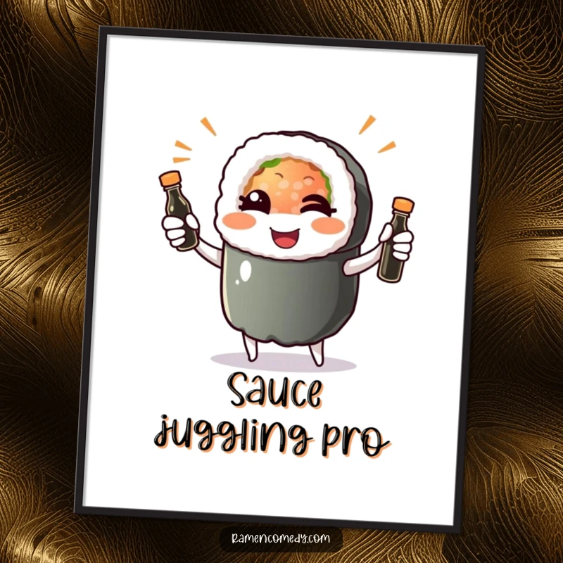 Funny sushi roll character winking and juggling soy sauce bottles, presented as a vibrant and humorous poster print.
