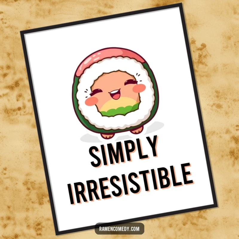Funny poster art of a cheerful sushi roll character giving a playful wink, adding a touch of whimsy.