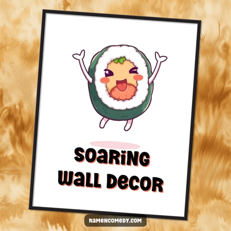 Funny poster showcasing a cheerful sushi roll character leaping high in the air with pure, funny joy. Perfect wall art.