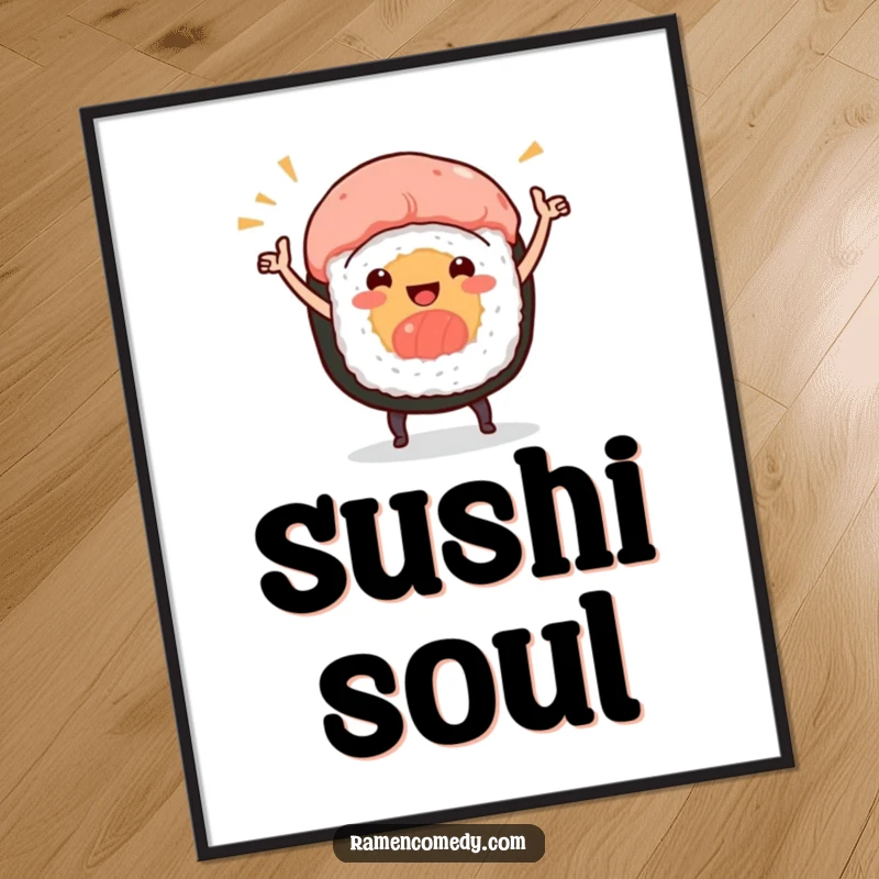 Funny poster print of a smiling sushi roll character joyfully performing a celebratory dance, bringing vibrant energy.