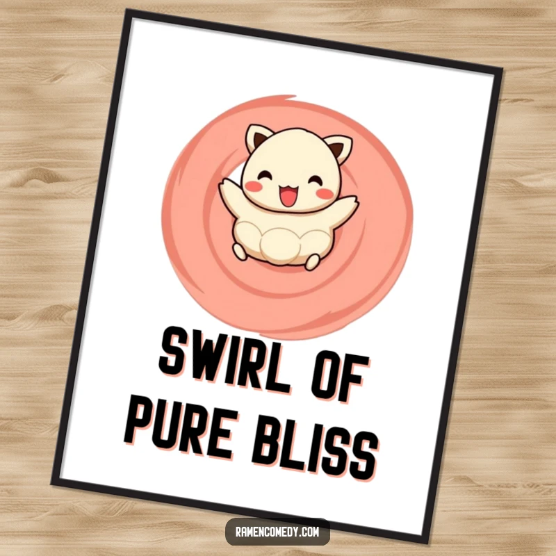 Funny poster print of a happy dumpling joyfully hopping on a naruto swirl, perfect for adding a touch of culinary cheer.