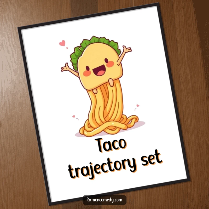 Funny taco noodle launch poster, a taco character gleefully launching from a giant springy noodle, a humorous and vibrant art piece.
