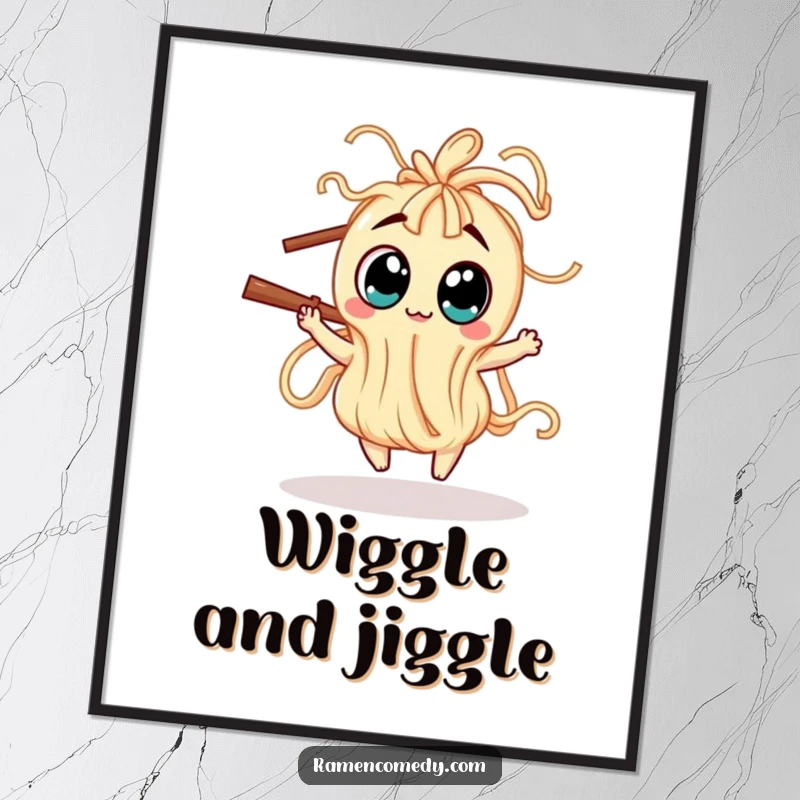 Funny Poster featuring a wiggly noodle creature with large eyes playfully dancing around a chopstick, full of whimsical motion.