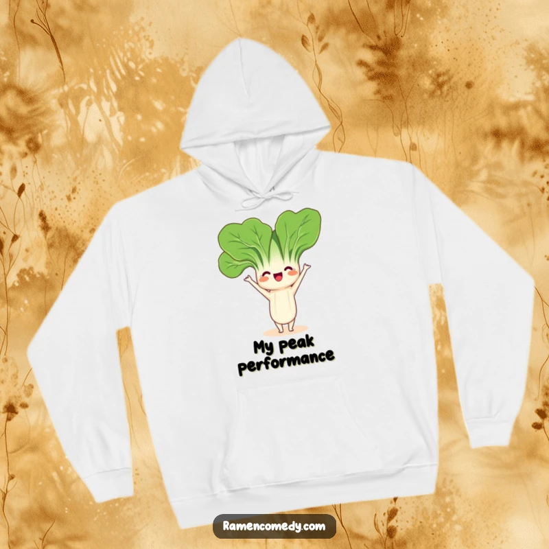 Funny Bok Choy Headstand Hoodie with a friendly bok choy character playfully balancing in a headstand, perfect for cozy, mindful wear.