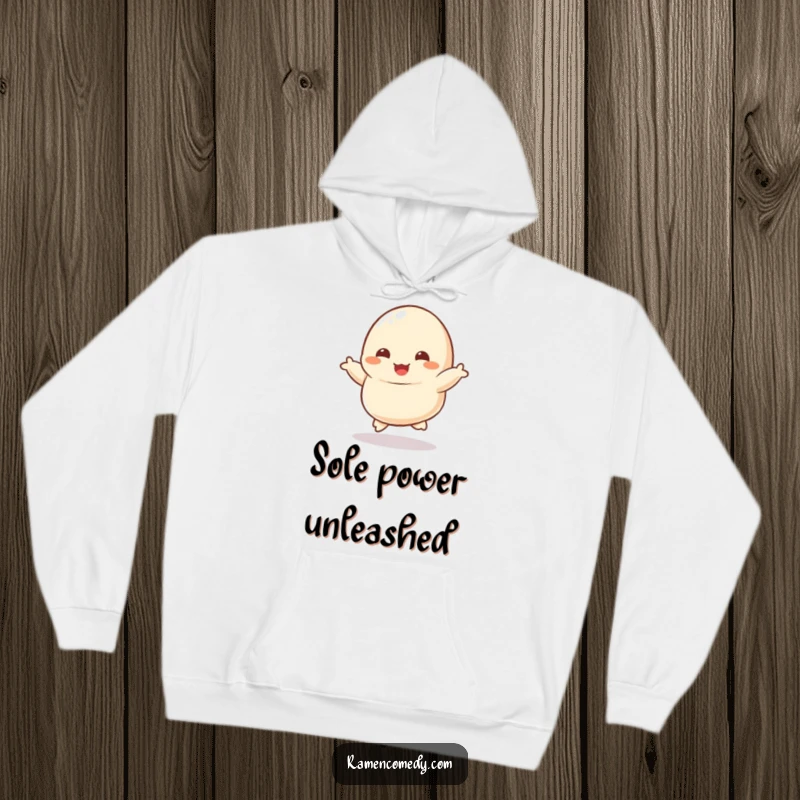 Funny hoodie featuring a dancing dumpling character, tiny feet kicking joyfully, perfect for cozy, cheerful wear.